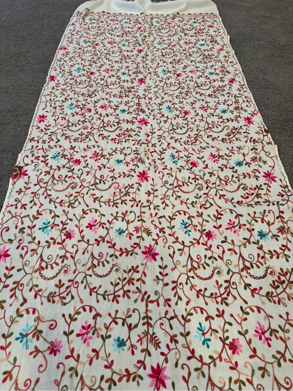 Off-white shawl scarf wrap embroidered floral vine Pink 27x78” tie tassels